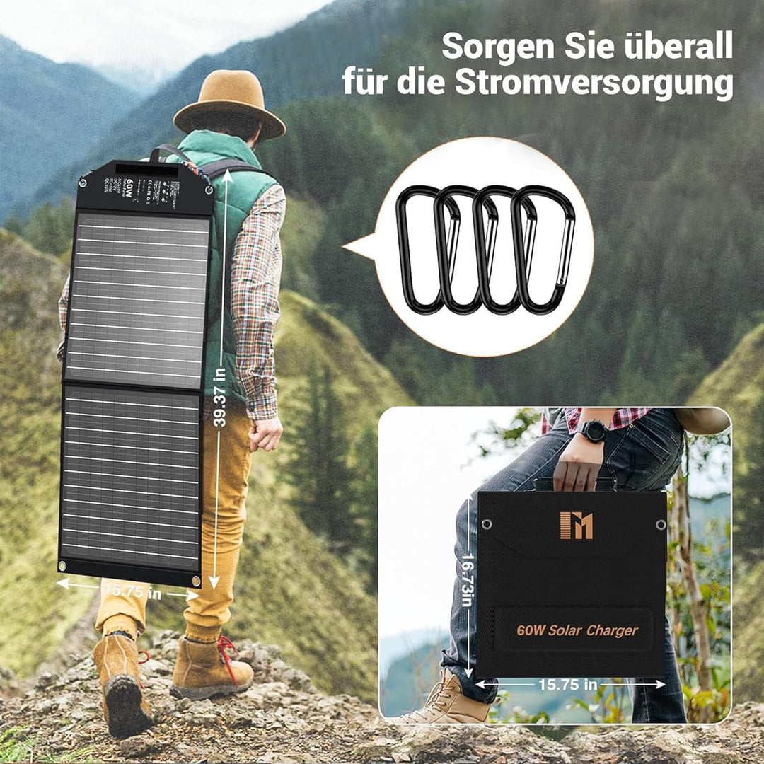 Mesuvida 60W Solarpanel Faltbar mit 5 Anschlüssen, 18V MC4 höhere Leistung / 12 V DC/QC 3.0 USB-A un