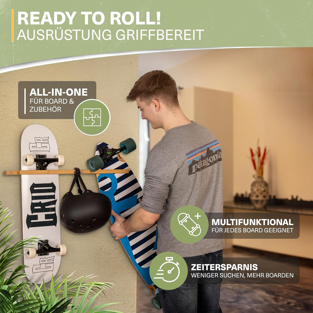 CRID Doppel Skateboard Wandhalterung aus Bambus - Universal Halterung für Skateboard, Longboard, Sno