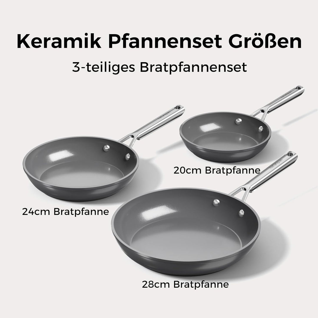 Pfannenset Keramik Induktion (20+24+28cm), DiamondTitan-Keramikbeschichtung, Antihaft Bratpfanne mit