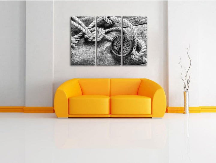 Pixxprint Schiffseil und Kompass auf Holzuntergrund Kunst B&W 3-Teiler Leinwandbild 120x80 Bild auf