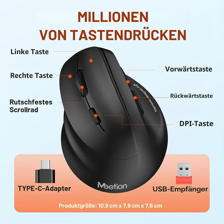 MEETION Linkshänder-Maus, Ergonomisch, Kabellos, Vertikal, RGB für Bluetooth (5.2 + 3.0) und USB-A M
