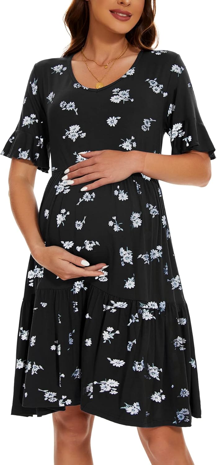 Smallshow Damen Umstandskleid Kurzarm Sommer Schwangerschafts Umstandsmode Kleid L Svp121, L Svp121