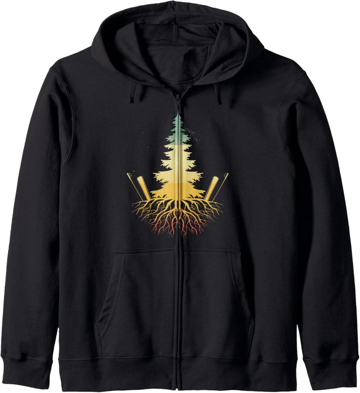 Vintage Ski Schnee Berge Skifahrer Skiurlaub Sportler Baum Kapuzenjacke