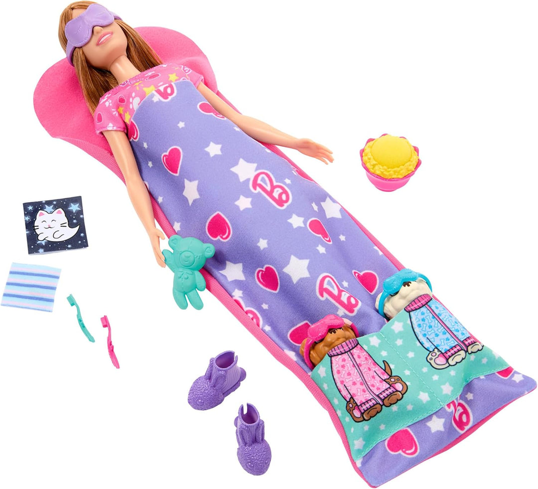 Barbie-Puppe und Spielset mit 2 Spielzeughunden und mehr als 10 Zubehörteilen, Welpen-Pyjama-Party m