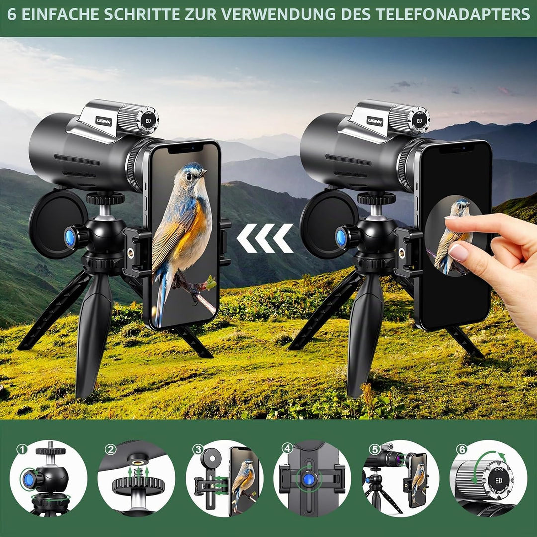Professionelles 12x56 Monokular für Nachtsicht &amp; Smartphone-Fotografie: Mit HD, BAK4 Prisma &amp; FMC-Li