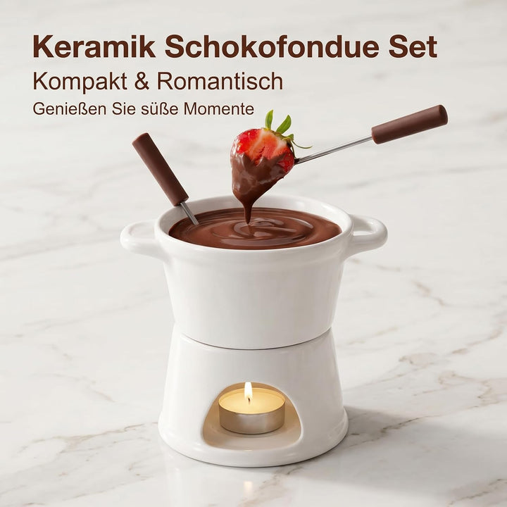 Schokofondue mit Doppelgriff, Schokofondue Tasse mit Gabeln, Keramik Fondue Tasse, Schokoladenfondue