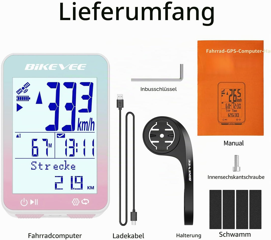 GPS Fahrradcomputer Kabellos IPX7 Wasserdicht 2.4'' FSTN Display 28H Akku Rosa-B【Verlängerte Frontha