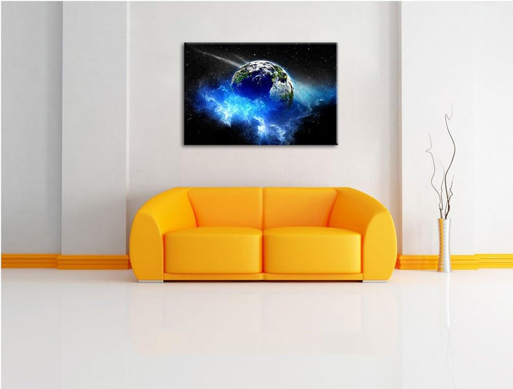 Erde im Kosmos Nebel schwarz/weiss Format: 100x70 auf Leinwand, XXL riesige Bilder fertig gerahmt mi