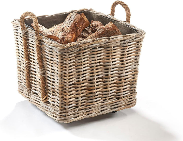 Kobolo Kaminholzwagen mit Rollen Holzkorb für Kaminholz -Rattan- mit Innenfutter aus Jute