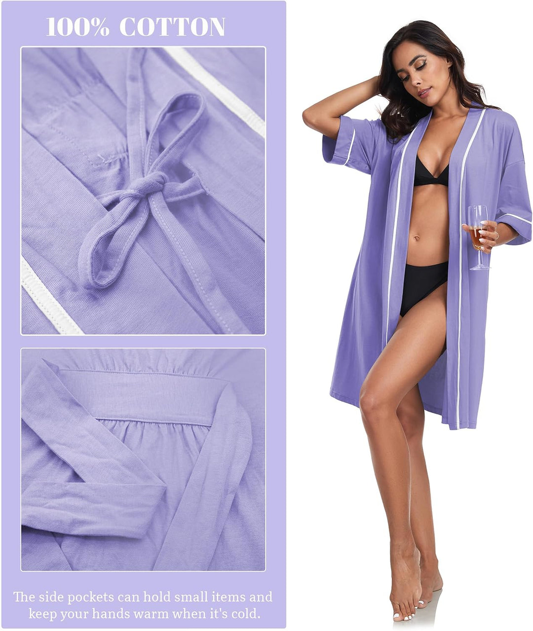 COLORFULLEAF 100% Baumwolle Bademantel Damen Kurz Morgenmantel Leicht Knielang Kimono Saunamantel Na