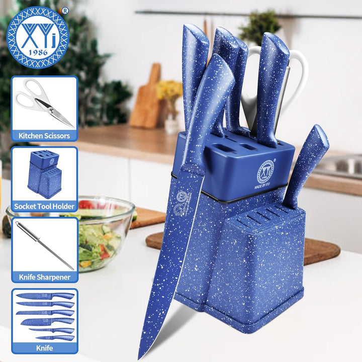 XYJ Authentic Since 1986, Kitchen Knife Block Set, Stainless Steel Knives Set With Knife Holder, Blu