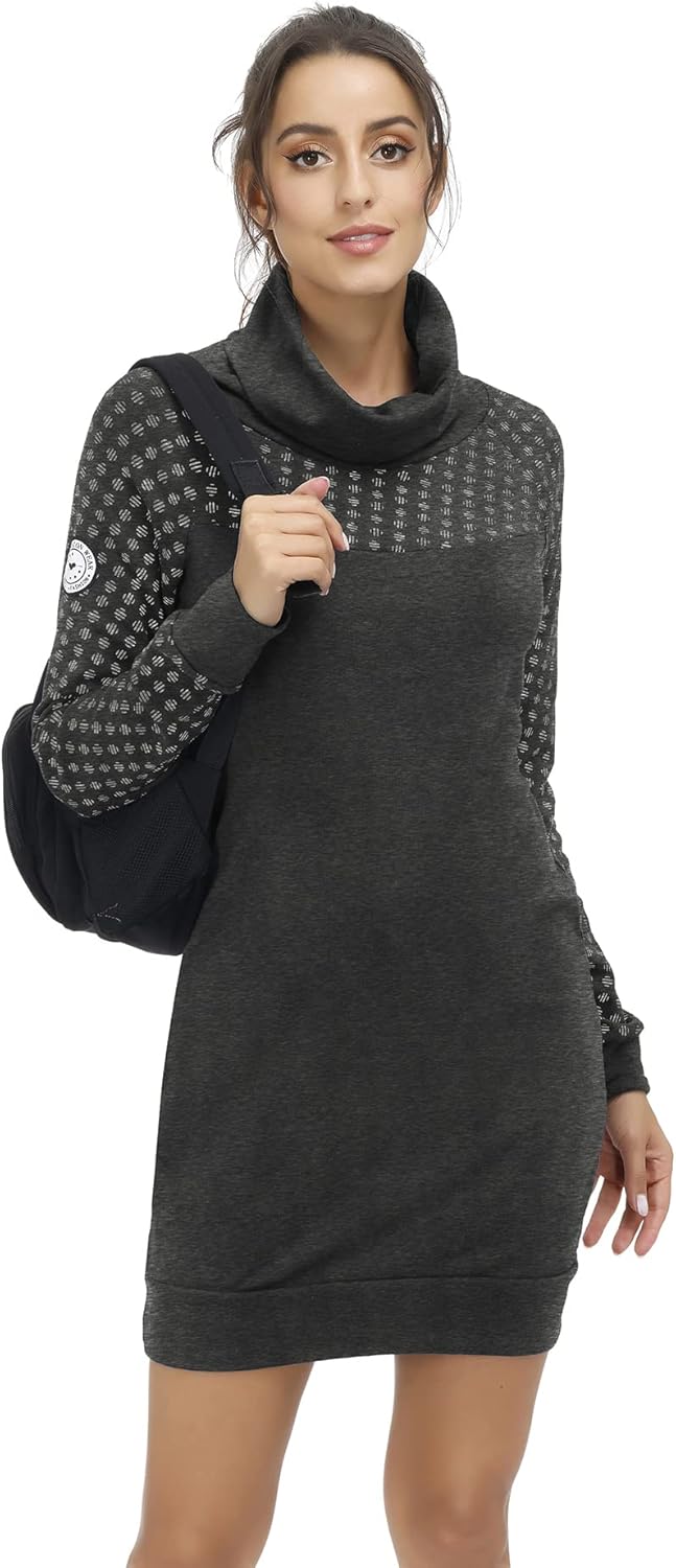 TrendiMax Damen Sweatshirt Langarm Hoodie Kleid Pulloverkleid Rollkragen Sweatkleid Kapuzenpulli Lan
