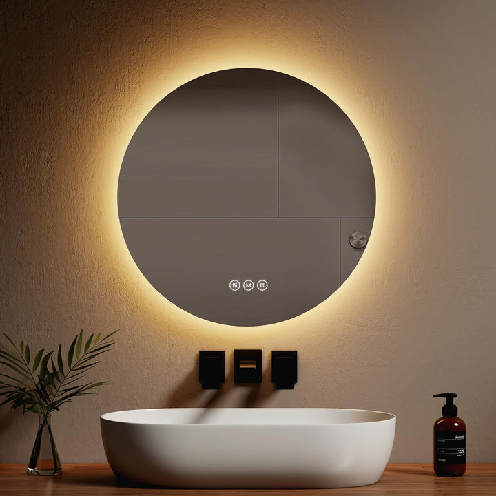 EMKE Badspiegel mit Beleuchtung Rund 60cm mit 3 Lichtfarbe Dimmbar, Antibeschlag, Touchschalter, Spe