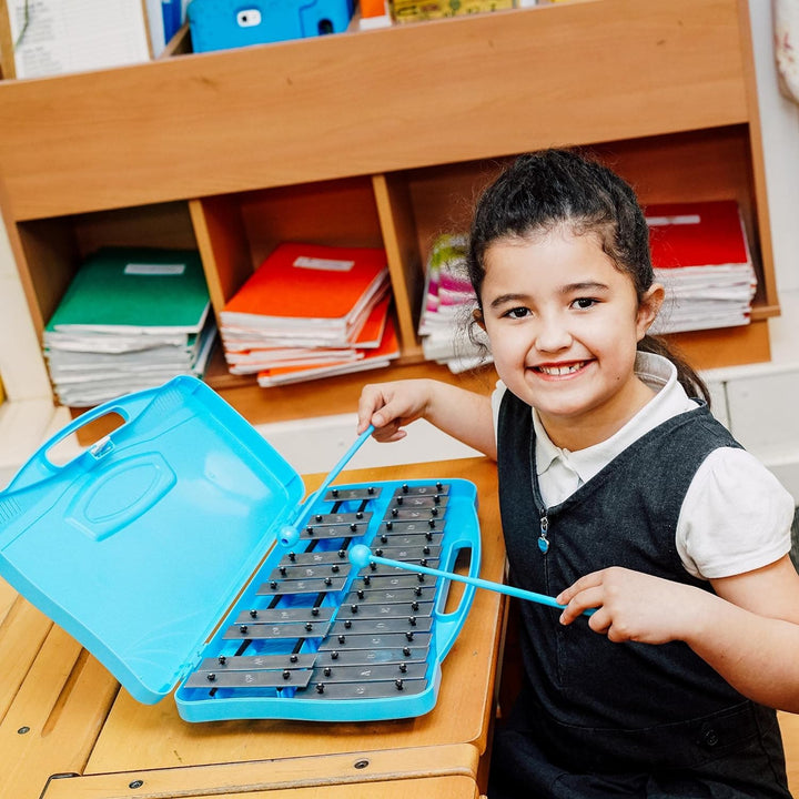 A-Star 25-Noten-Sopran-Chromatisches Glockenspiel-Xylophon im blauen Gehäuse mit silbernen Tasten un