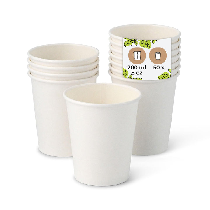BIOZOYG 50 Stück Kaffeebecher Pappbecher 200ml / 8 oz Ø 80 mm weiss - Einwegbecher plastikfrei - Bec