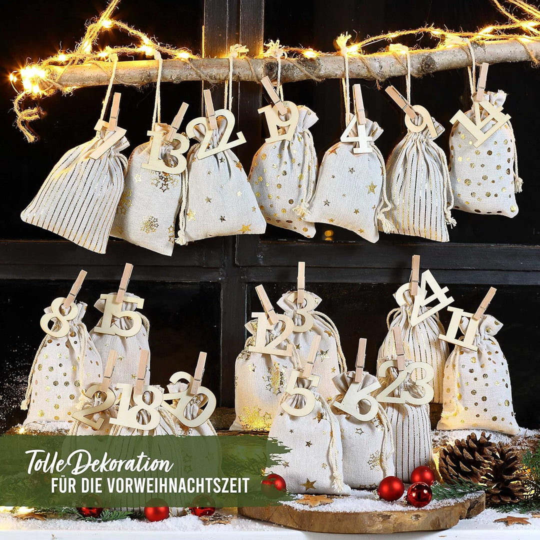 Papierdrachen 24 Adventskalender Stoffsäckchen zum Befüllen - mit XXL Holzzahlen von 1-24 - Geschenk