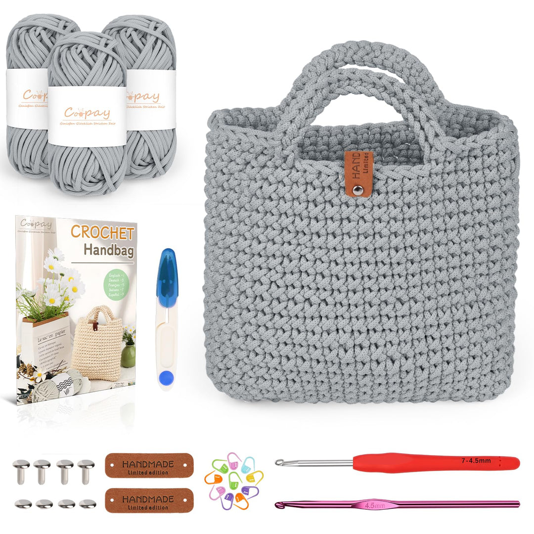 Coopay Häkelset für Anfänger, Häkelset Tasche mit Häkelnadel 4,5mm, Anleitung, 5mm Dicke Wolle zum H