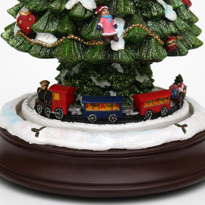 Dekohelden24 XXL Schneekugel, Weihnachtsbaum mit Eisenbahn und Schneewirbel, L/H/B 17 x 17 x 27,5 cm