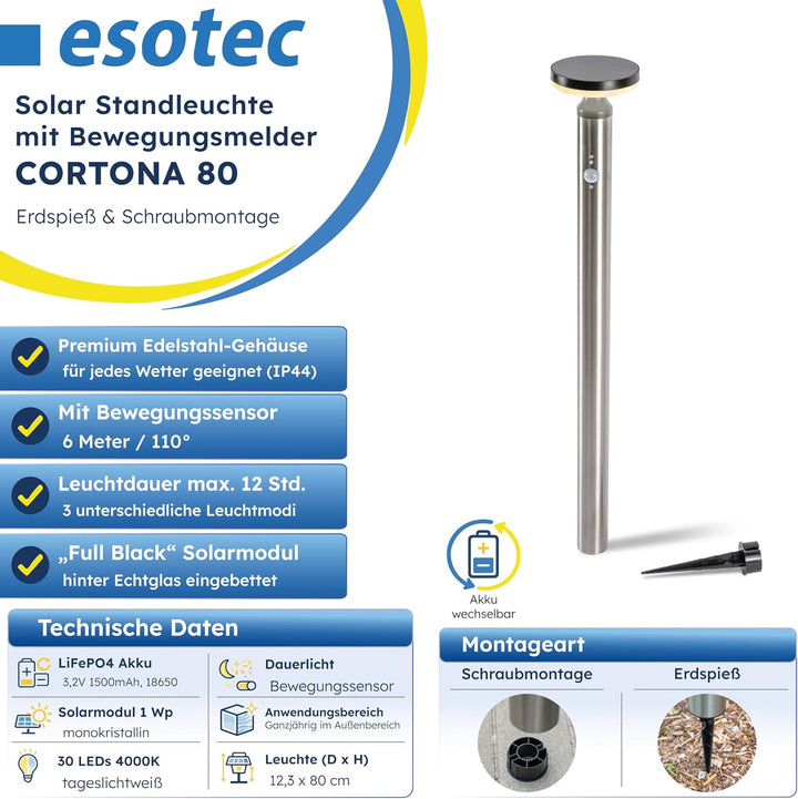 esotec Edelstahl Solarleuchte Aussenlampe mit Bewegungsmelder Cortona, H=80cm, 3 Leuchtmodi, 30 LEDs