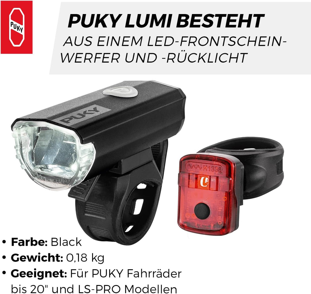 PUKY LUMI LED-Frontscheinwerfer &amp; Rücklicht-Set | Seitliche Sichtbarkeit | Werkzeuglose Montage | Fü