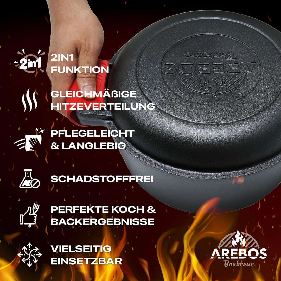 Arebos Dutch Oven Set 2in1 | Gusseisen Topf 4,8 L & Pfanne 1,8 L | Eingebrannter BBQ Feuertopf & Bra