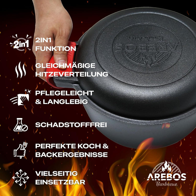 Arebos Dutch Oven Set 2in1 | Gusseisen Topf 4,8 L & Pfanne 1,8 L | Eingebrannter BBQ Feuertopf & Bra