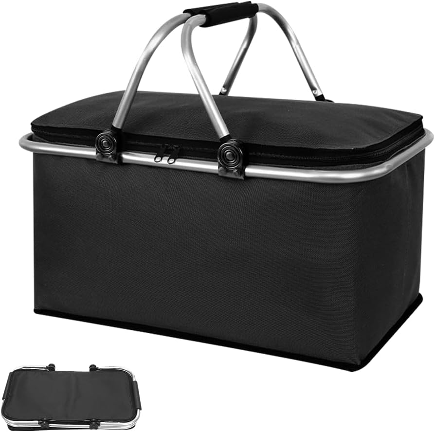 Einkaufskorb Faltbar, 30L Kühlkorb mit Deckel, Thermo Korb Einkaufen mit Klapprahmen aus Aluminiumle