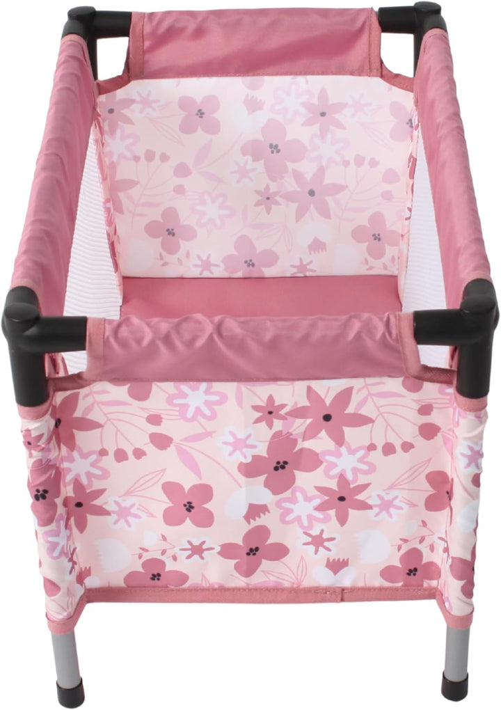 Bayer Chic 2000 Puppenreisebett zerlegbar – Puppenbett Blumen Design Rosa | Kompaktes Puppenreisebet