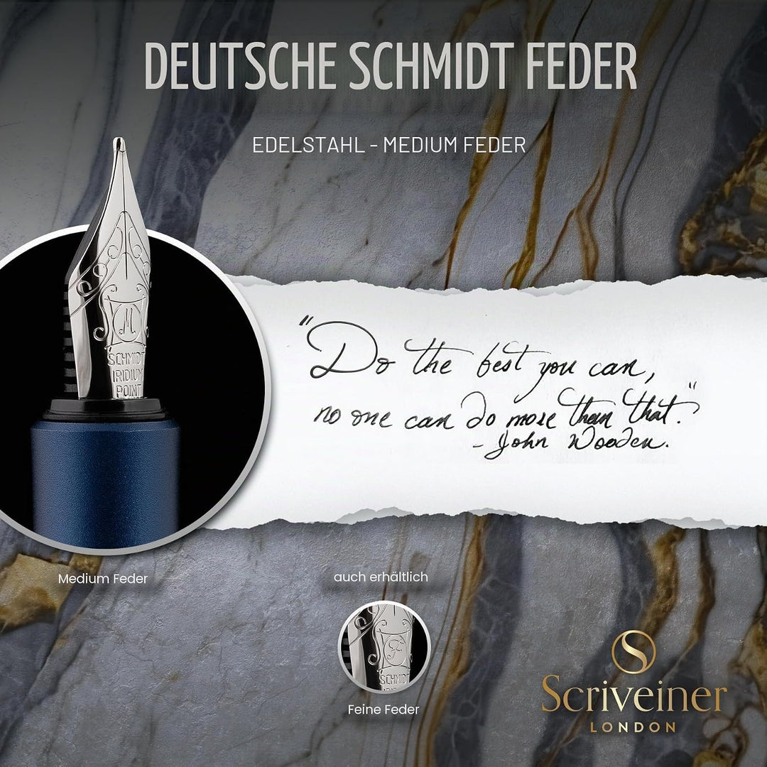 Scriveiner Luxus EDC Füllfederhalter (Mittel), Mattblau Taschenfüller, verchromt, deutsche Schmidt M