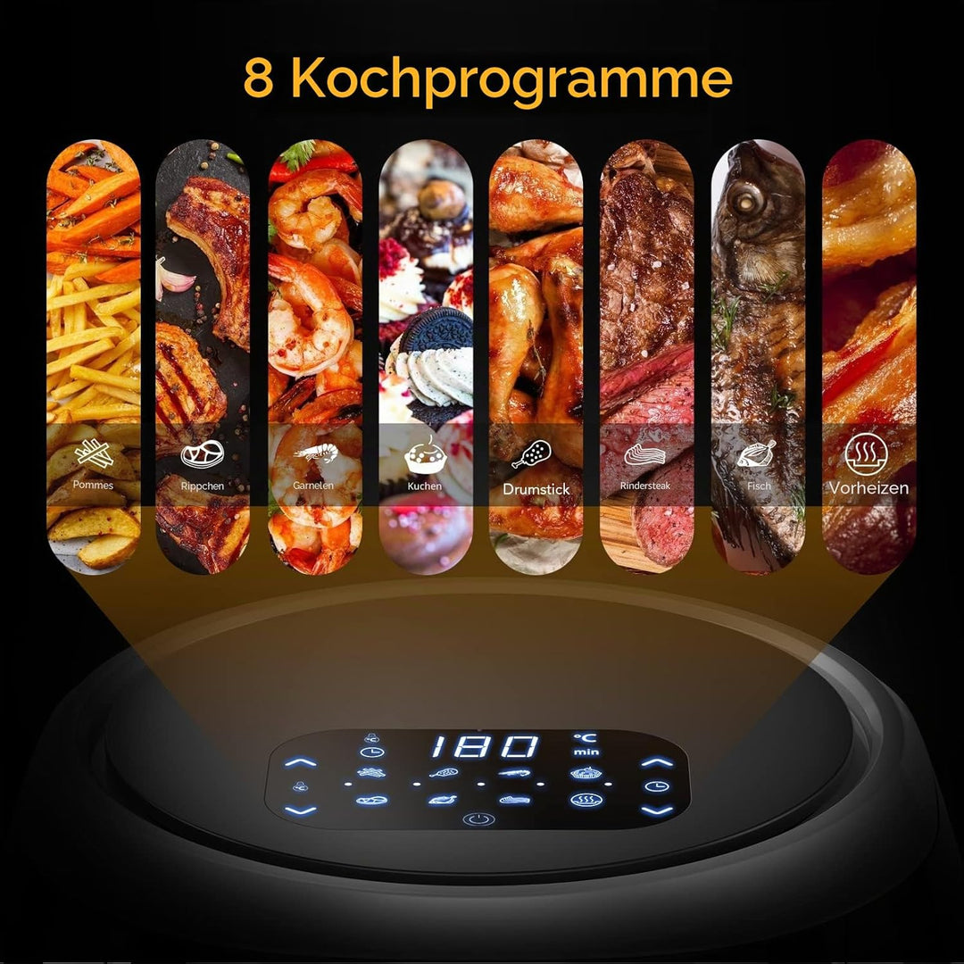 Heissluftfritteuse, Heissluftfritteuse onhe Öl 8L 1800W, Air Fryer mit Sichtfenster, Einstellbare Te