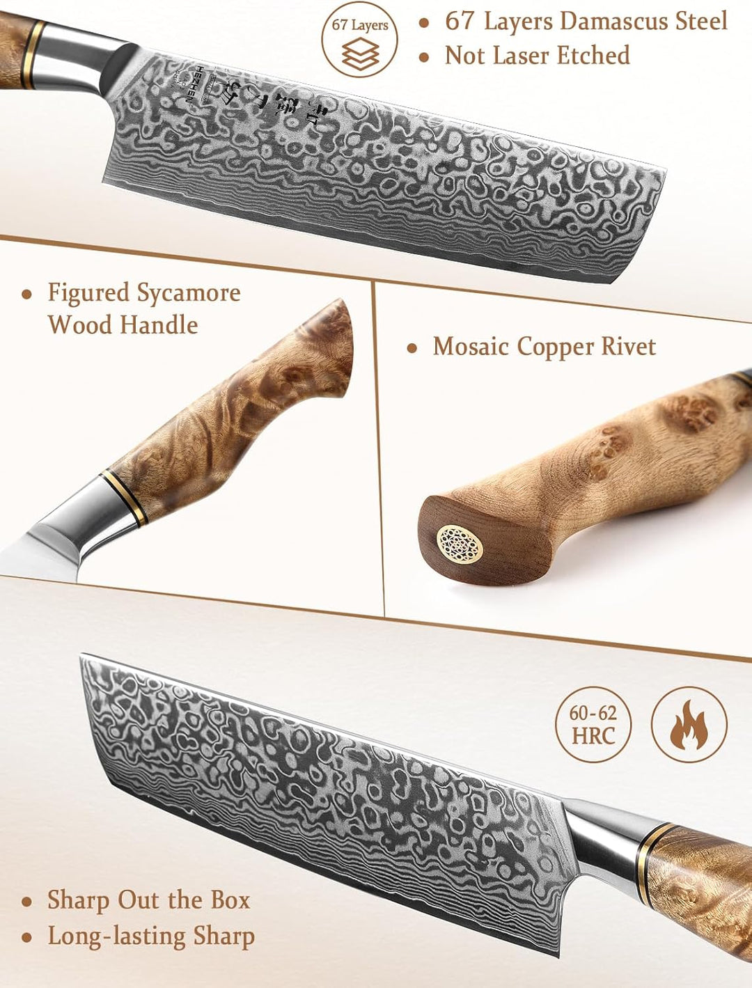 HEZHEN 18CM Japanischer Stil Damast Nakirimesser, Küchenmesser 67 Schicht Damaskus Stahl Kochmesser,