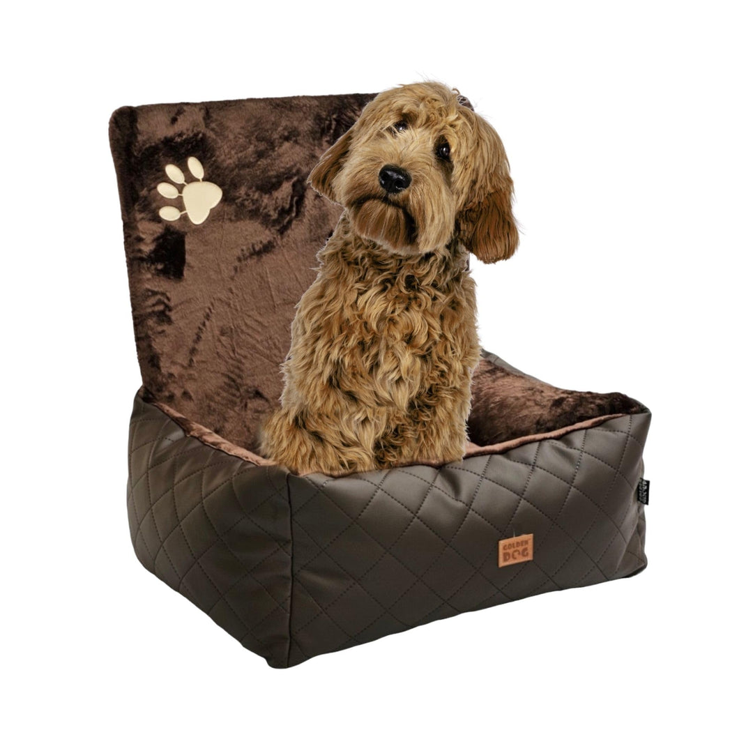 Golden Dog -Transportbox Hund mit Sicherheitsgurt S 58 x 46 cm Leder Imitation Autositz Hund, Wasser