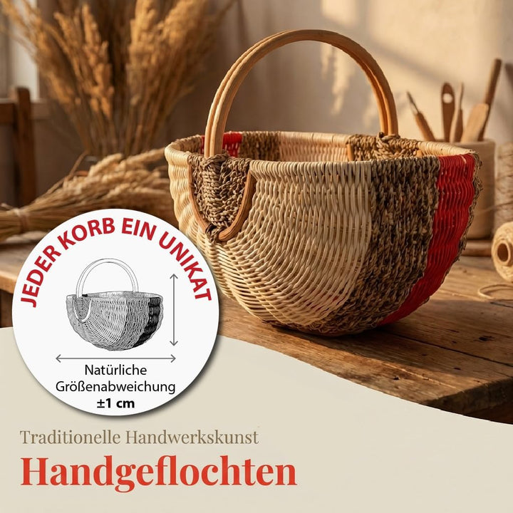 Grosser Einkaufskorb aus Rattan & Seegras – Handgeflochtener Picknickkorb mit Henkel – 39x26x20 cm –