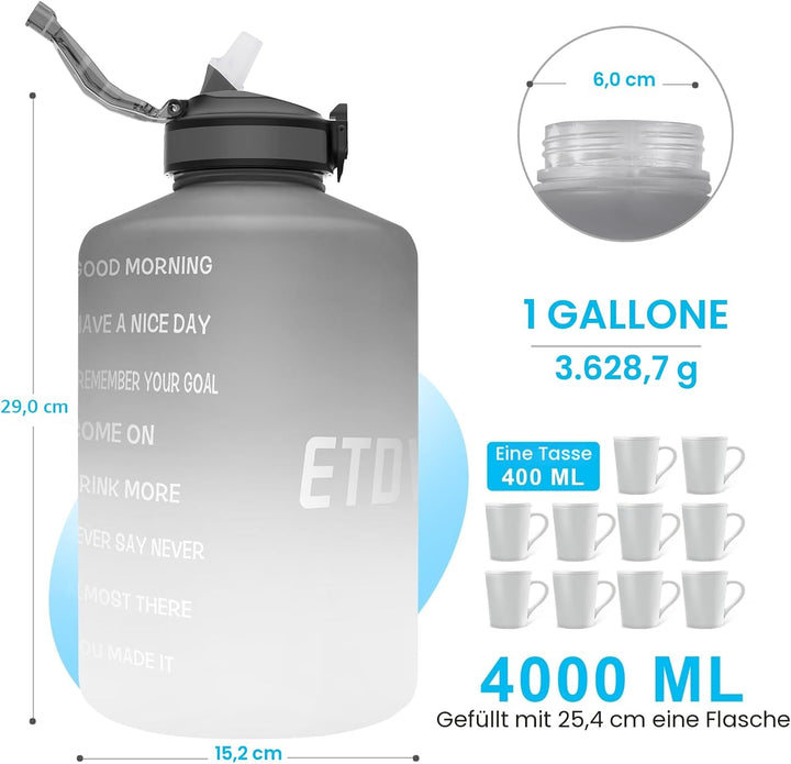 3,78 Liter Trinkflasche Sport mit Zeitangaben und Strohhalme, 3,78L Gross Sportflasche BPA Frei, Aut