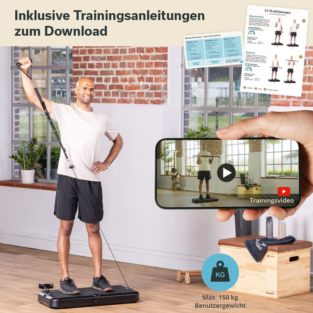 Skandika Kraftstation Smart Training Station | Fitnessgerät für zuhause, 50 kg Seilzug, Multifunktio
