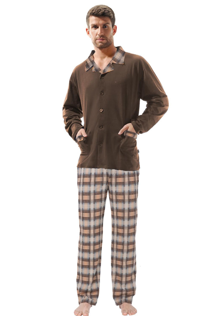 e.VIP ® Herren Schlafanzug OREST 201 aus 100% Baumwolle M Braun, M Braun