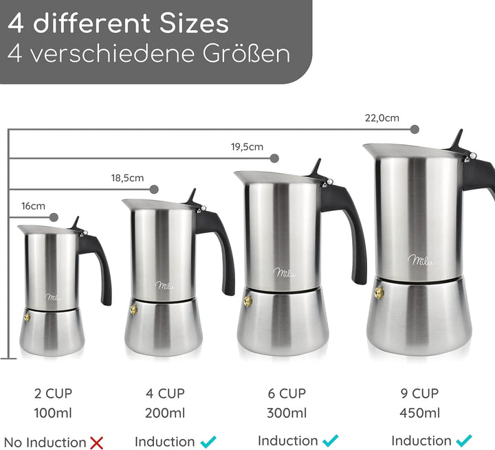 Milu Espressokocher Induktion geeignet | 2, 4, 6, 9 Tassen | Edelstahl Mokkakanne, Espressokanne, Es