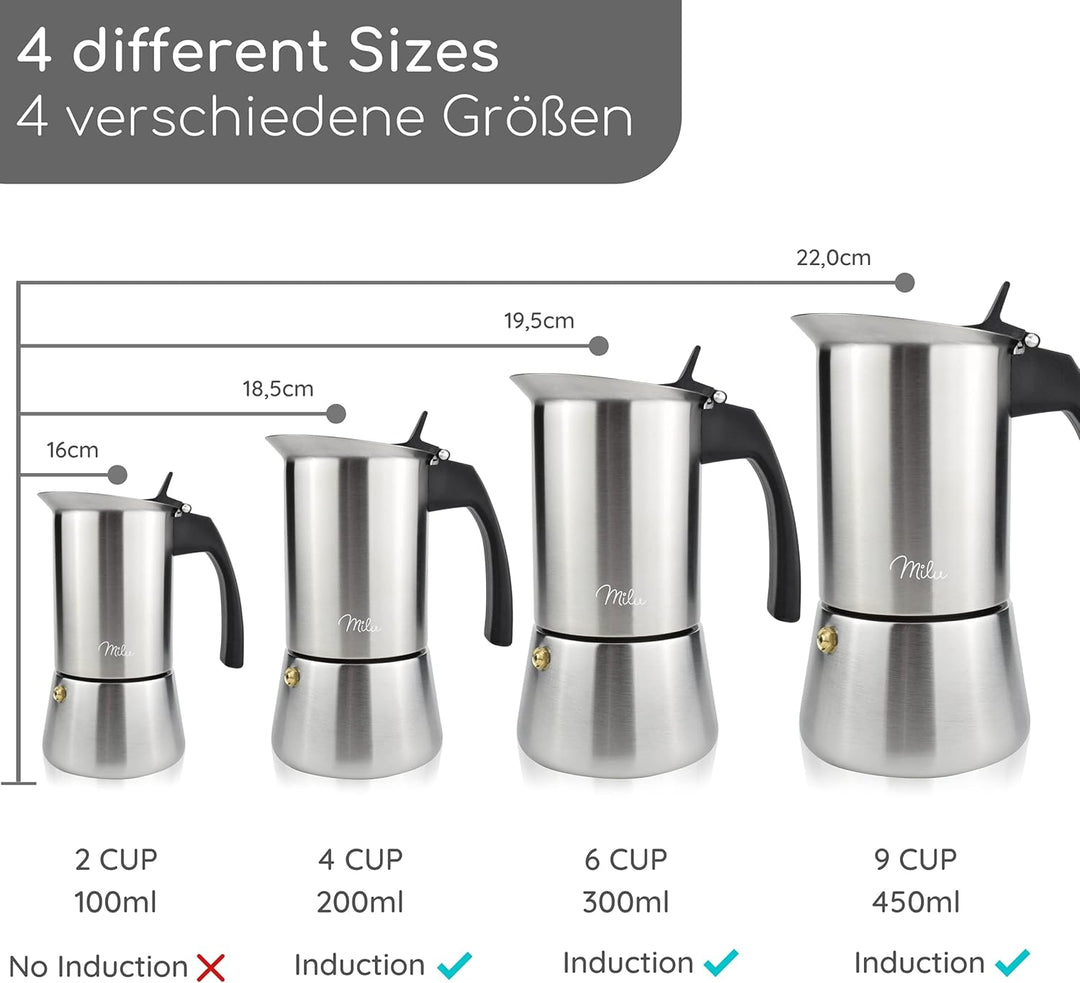 Milu Espressokocher Induktion geeignet | 2, 4, 6, 9 Tassen | Edelstahl Mokkakanne, Espressokanne, Es