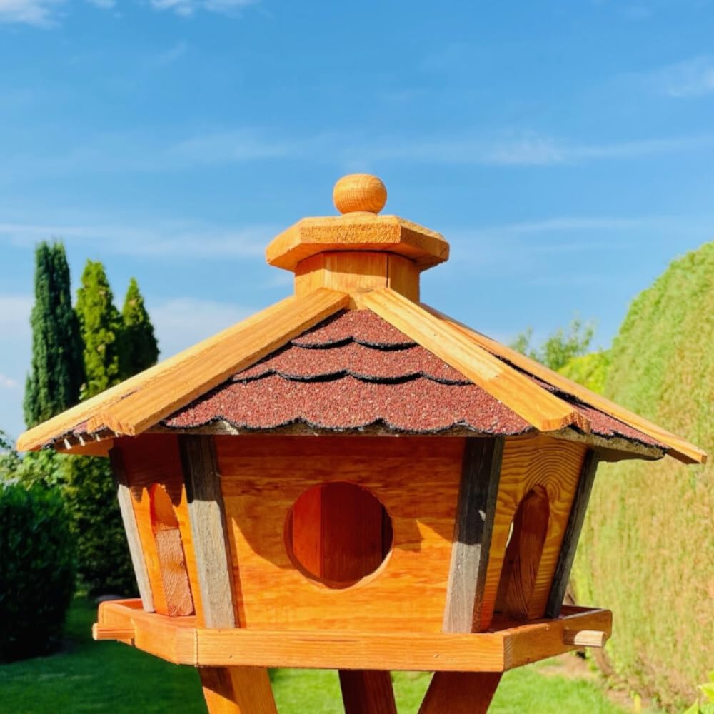 Vogel Futter Haus L oder XL Sechseck Holz Vogelhaus Futterstelle Braun/Blau, Rot, Schwarz und Grün (