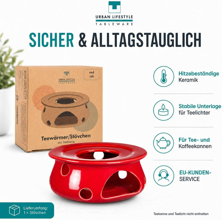 Urban Lifestyle Stövchen für Teekanne Teewärmer Keramik (Rot) Tee Ofen zum warmhalten der Teekanne o
