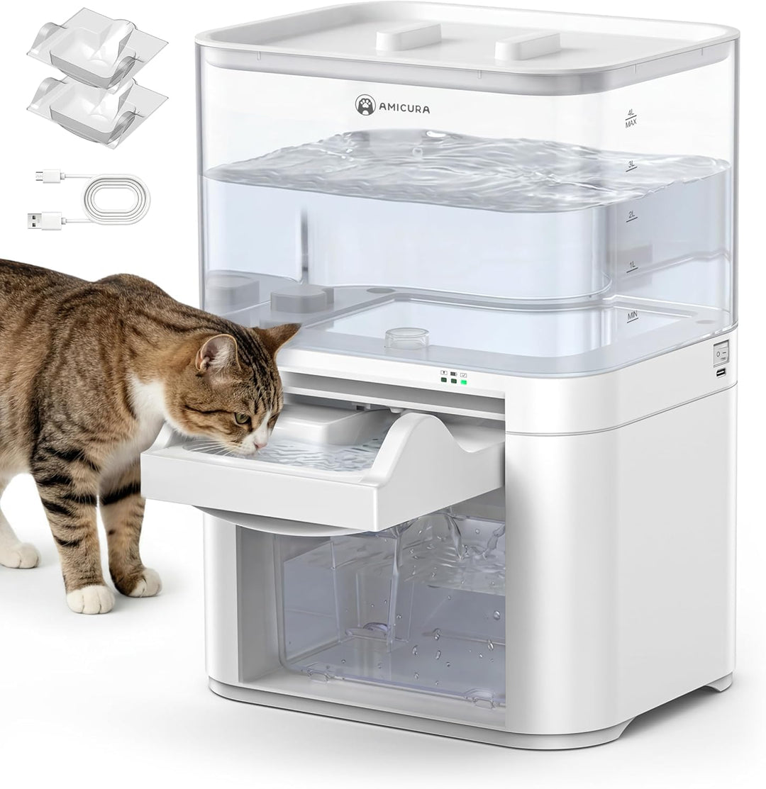 Katzenbrunnen mit Abwasserseparation &amp; ohne Filterwatte, Haustierwasserautomat mit 4000mAh &amp; 4L Gros