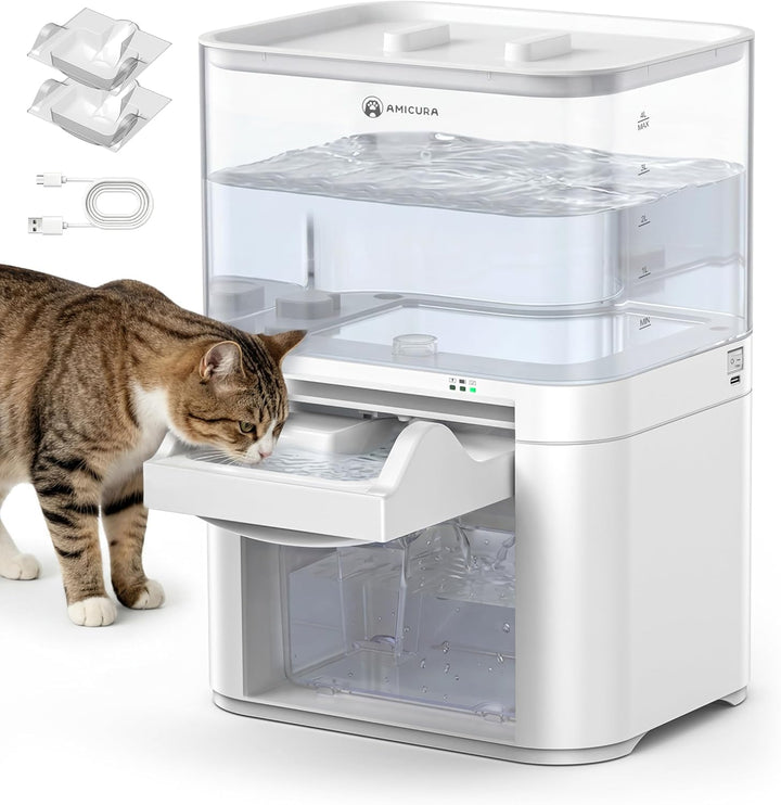 Katzenbrunnen mit Abwasserseparation &amp; ohne Filterwatte, Haustierwasserautomat mit 4000mAh &amp; 4L Gros