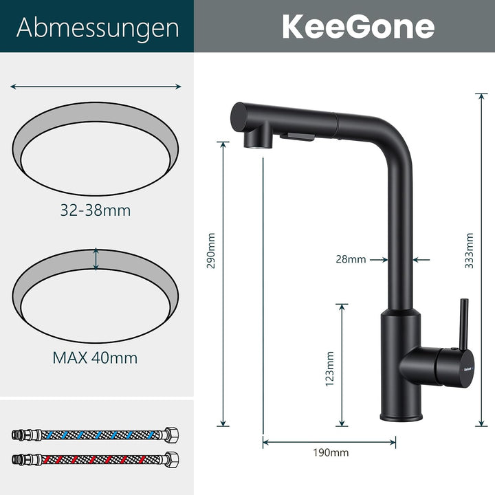 Wasserhahn Küche, Küchenarmatur mit Brause Ausziehbar Schwarz, Schwarz
