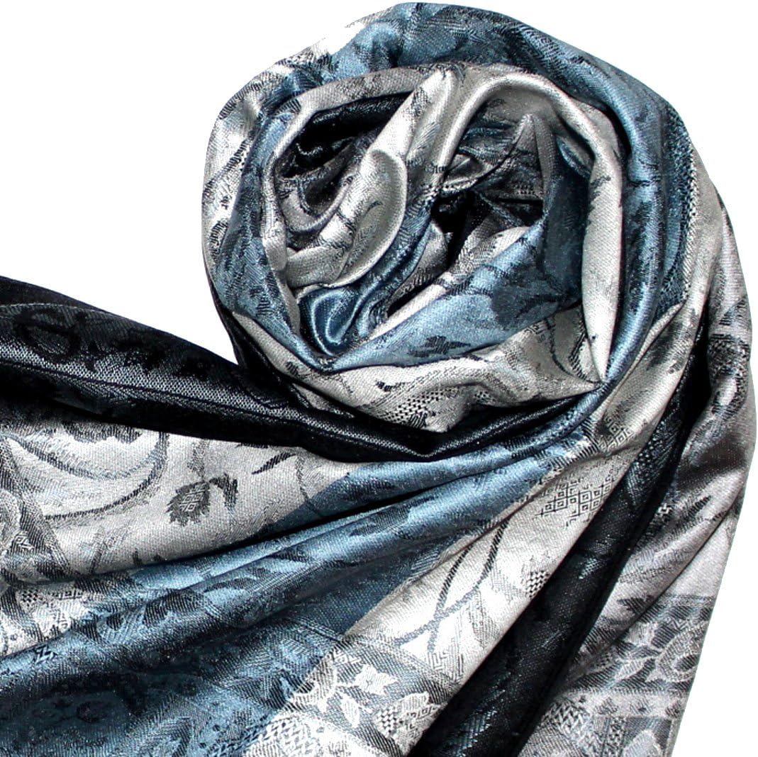 Lorenzo Cana Damen Pashmina 100% Seide Schal Schaltuch gewebt 70 cm x 190 cm Paisley silber blau Sei