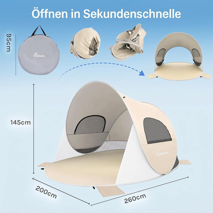 Wolfwise Pop Up Strandmuschel für 6 Personen, Sofort Aufbau, UV-Schutz 50+, Wasserabweisend, Belüfte