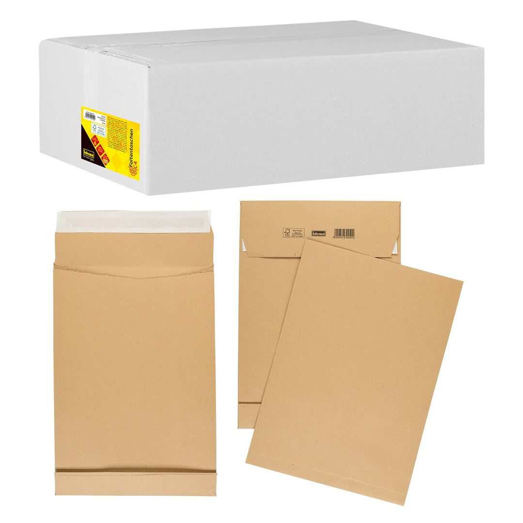 Idena 10250 - Versandtaschen DIN C4, 100 Stück haftklebend, Faltentaschen mit 4 cm Bodenfalte, Umsch