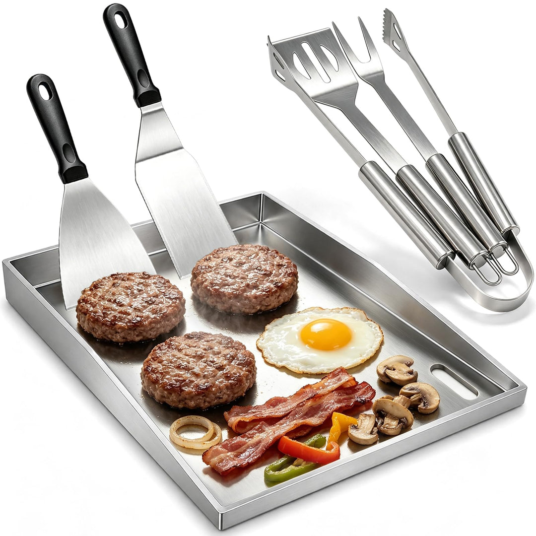 Plancha Grillplatte Set 40 x 30cm, 4mm Edelstahl Grillplatte mit 5 Stücke BBQ Grillbesteck Set Dicke