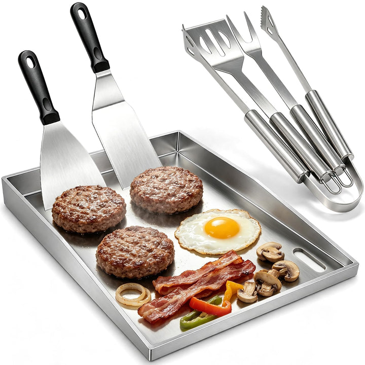 Plancha Grillplatte Set 40 x 30cm, 4mm Edelstahl Grillplatte mit 5 Stücke BBQ Grillbesteck Set Dicke