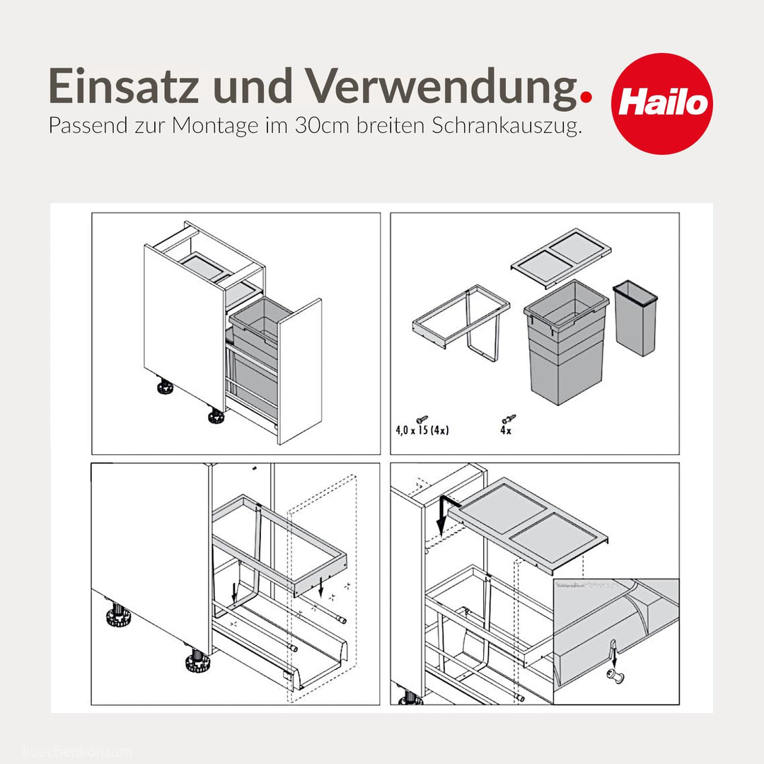 Hailo Abfallsammler 38+7 Tandem | Einbau-Abfallsystem für Schränke | Küchen-Mülleimer mit 2fach Müll