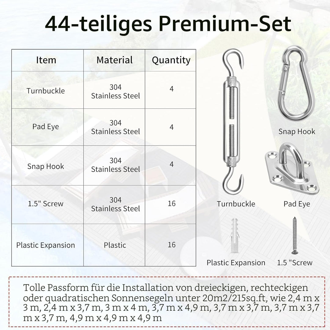 M6 Sonnensegel Befestigungsset, Robustes sonnensegel Edelstahl, Hardware-Kit für Dreieck und Quadrat